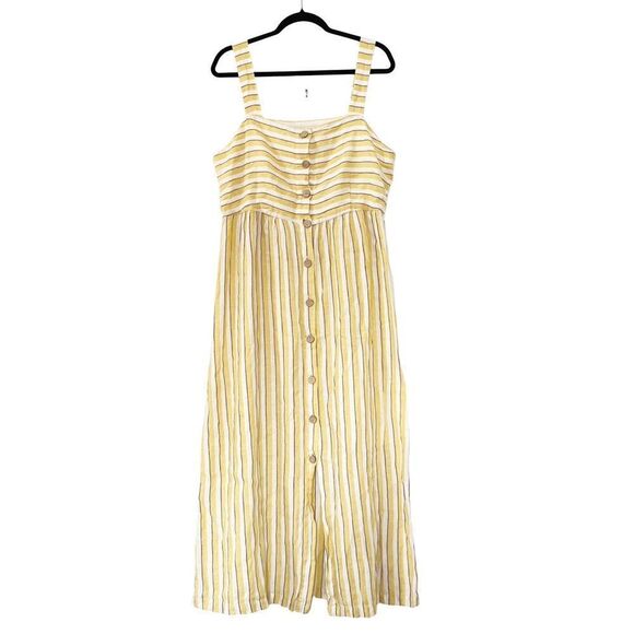Rachel Zoe Yellow Ivory Striped Linen Button Front Pinafore Maxi Sun Dress - Picture 3 of 11